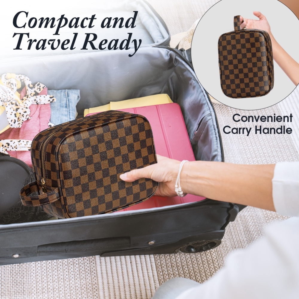 Luxouria Leather Checkered Makeup Bag (Brown) - Picture 3 of 5
